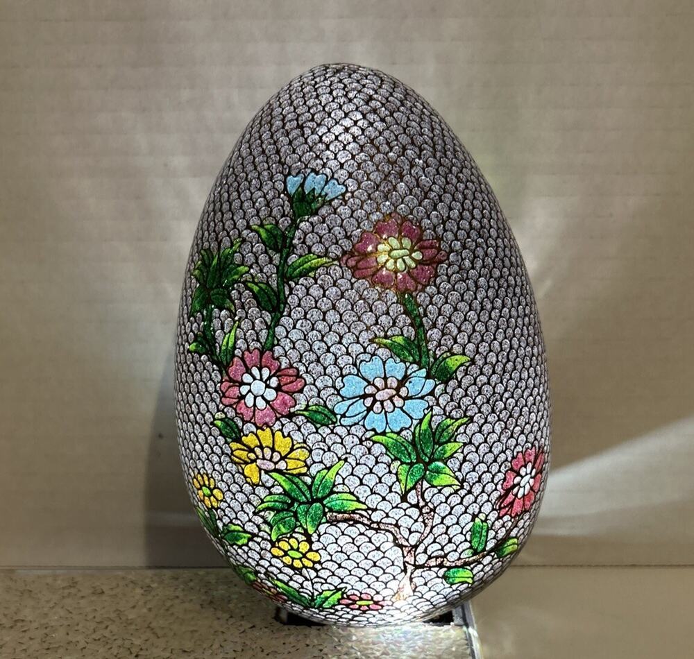 Plique a Jour Stain Glass Cloisonné Egg 6” Floral Pattern Brass Fish Scale Asian